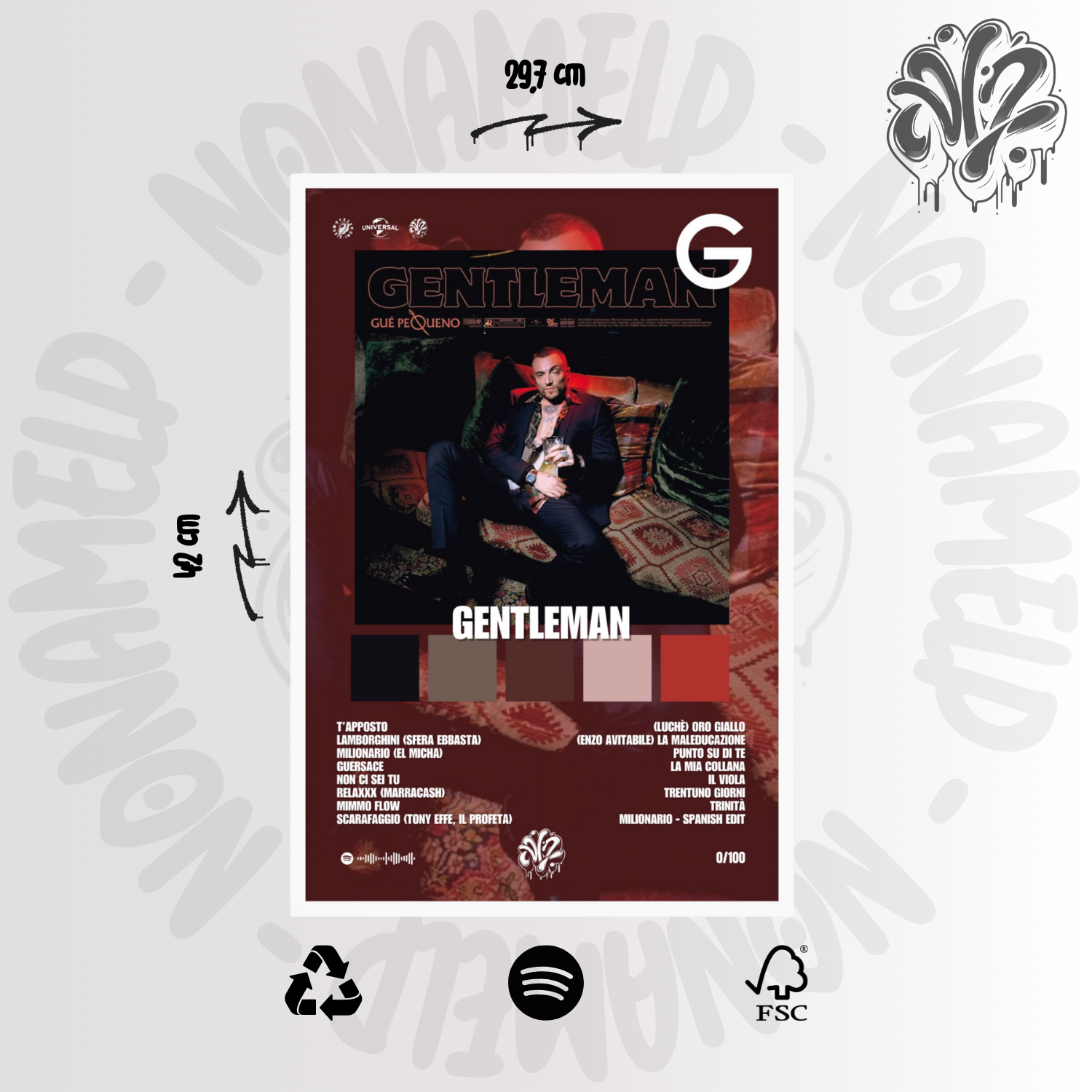 Gentleman | Guè | Poster in carta semilucida classica con cornice in legno A3 (29.7 x 42  cm)
