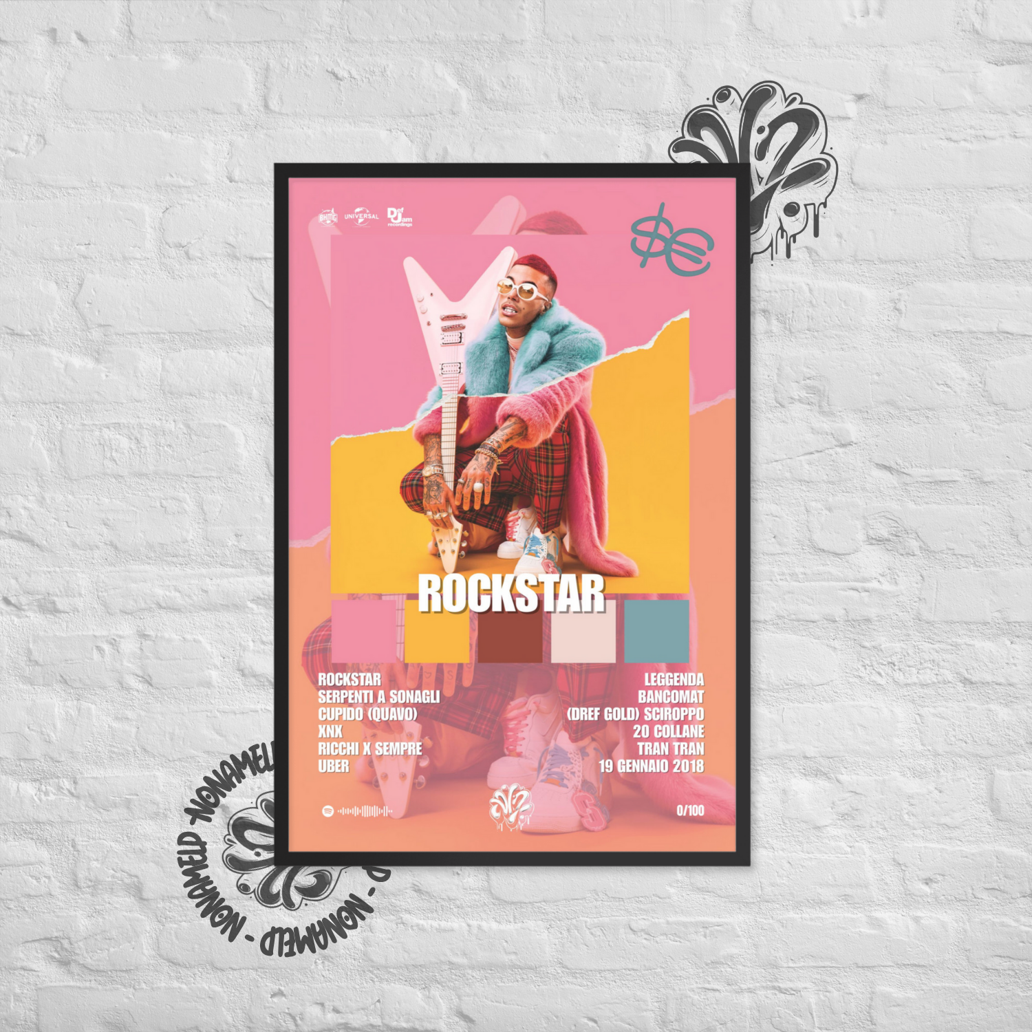 Rockstar | Sfera Ebbasta | Poster in carta semilucida classica con cornice in legno A3 (29.7 x 42  cm)