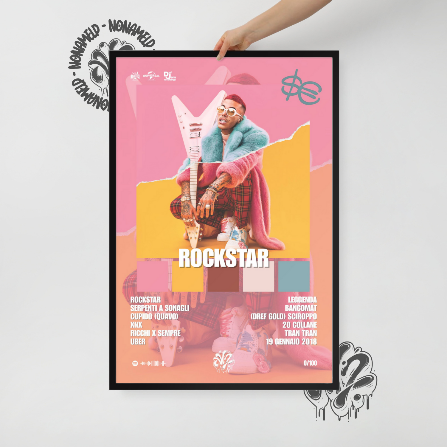 Rockstar | Sfera Ebbasta | Poster in carta semilucida classica con cornice in legno A3 (29.7 x 42  cm)