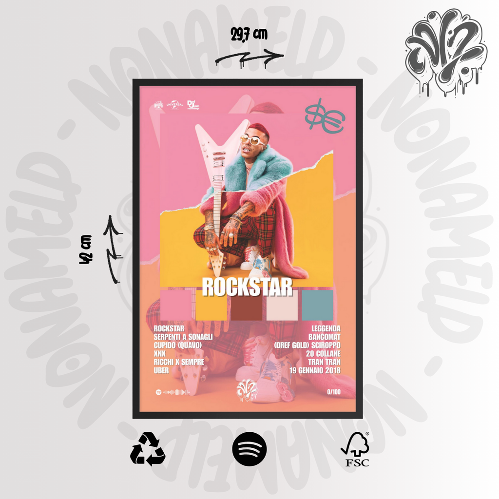 Rockstar | Sfera Ebbasta | Poster in carta semilucida classica con cornice in legno A3 (29.7 x 42  cm)