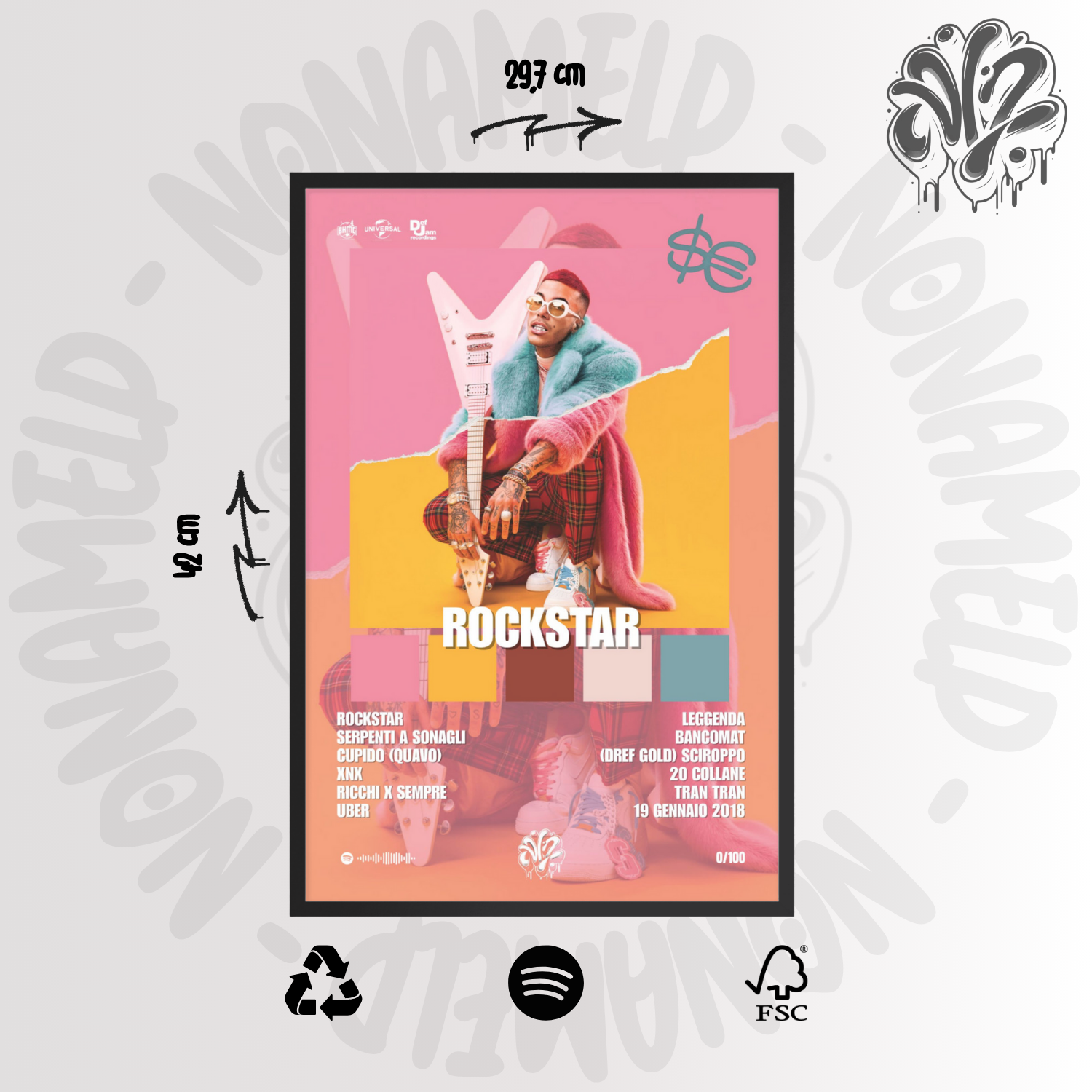 Rockstar | Sfera Ebbasta | Poster in carta semilucida classica con cornice in legno A3 (29.7 x 42  cm)