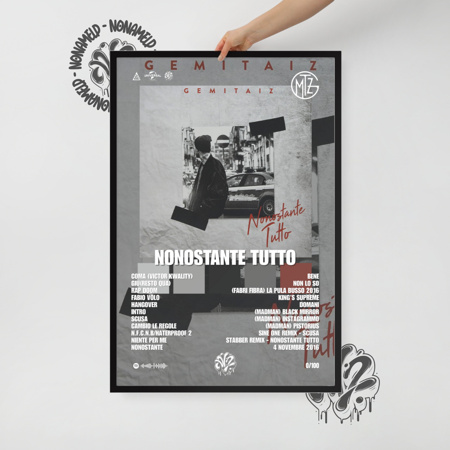 Nonostante tutto Inediti | Gemitaiz | Poster in carta semilucida classica con cornice in legno A3 (29.7 x 42  cm)