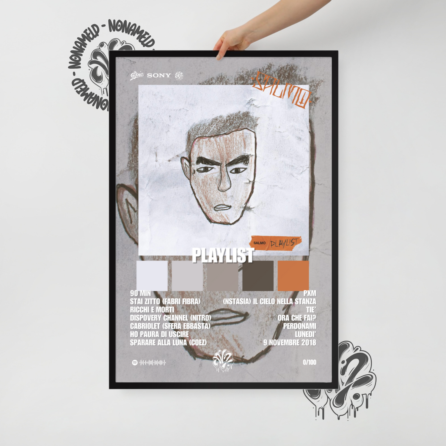 Playlist | Salmo | Poster in carta semilucida classica con cornice in legno A3 (29.7 x 42  cm)