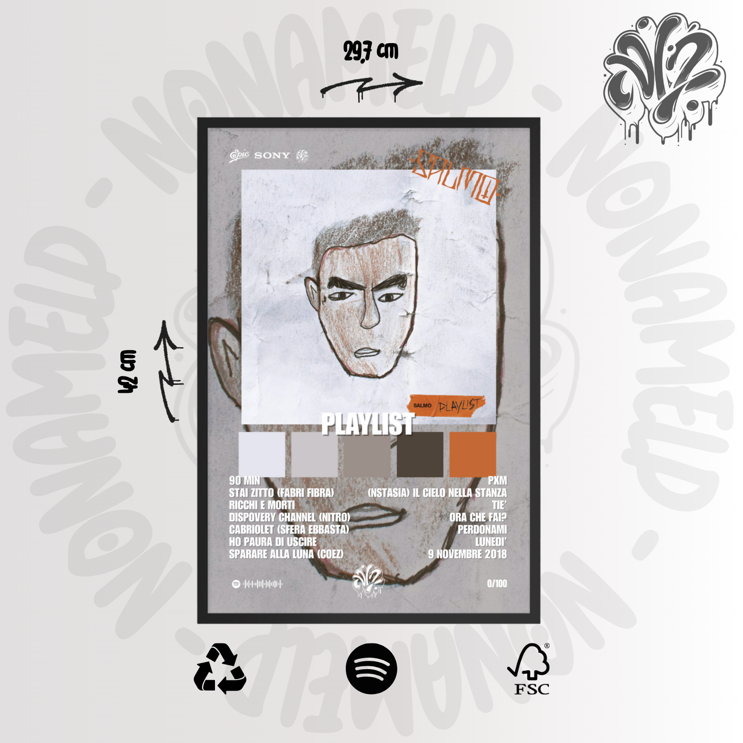 Playlist | Salmo | Poster in carta semilucida classica con cornice in legno A3 (29.7 x 42  cm)