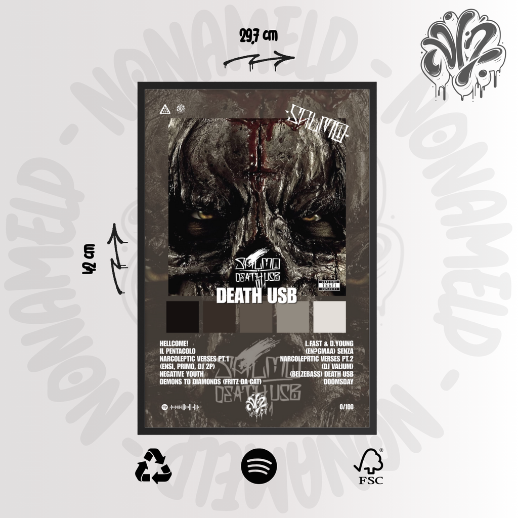 Death USB | Salmo | Poster in carta semilucida classica con cornice in legno A3 (29.7 x 42  cm)