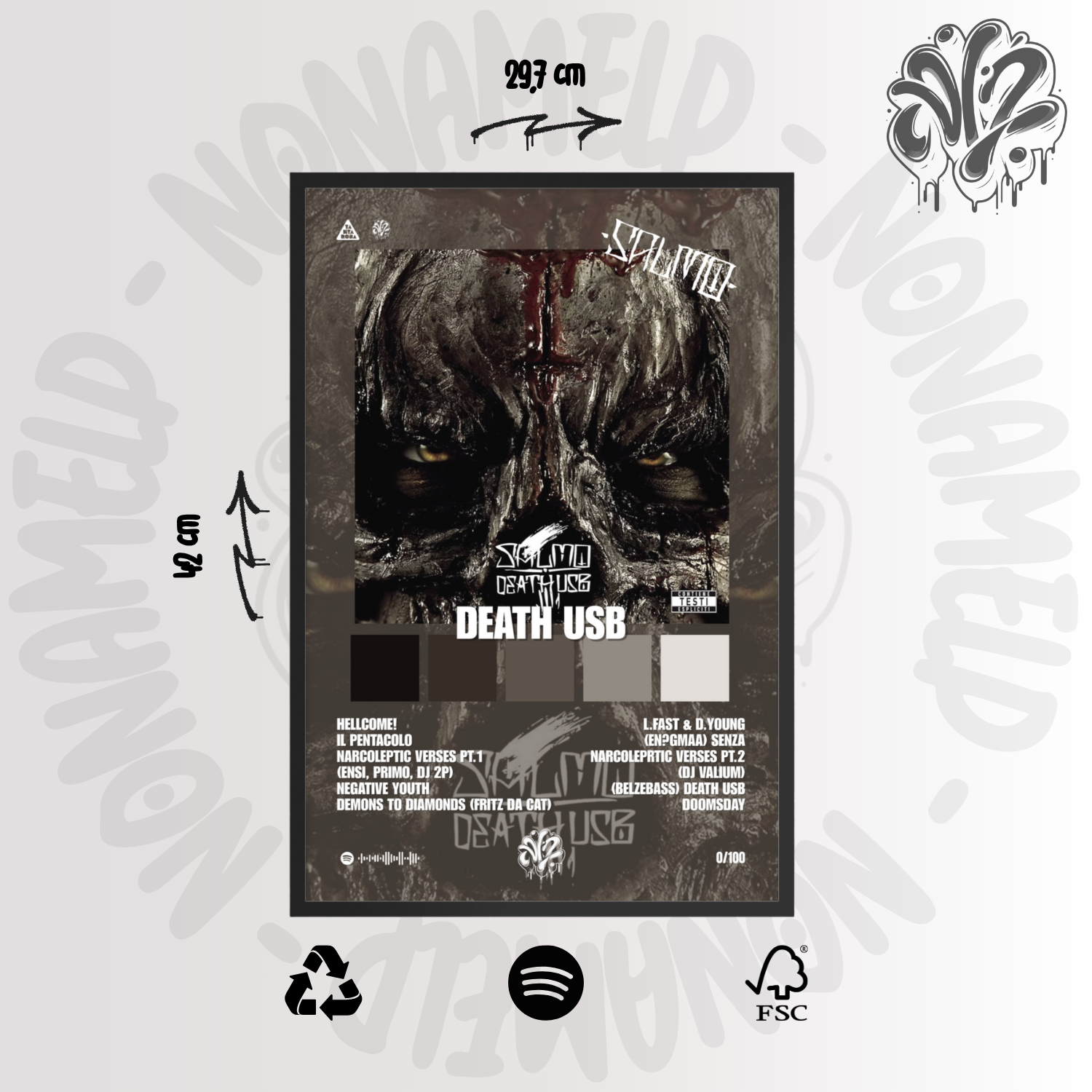 Death USB | Salmo | Poster in carta semilucida classica con cornice in legno A3 (29.7 x 42  cm)