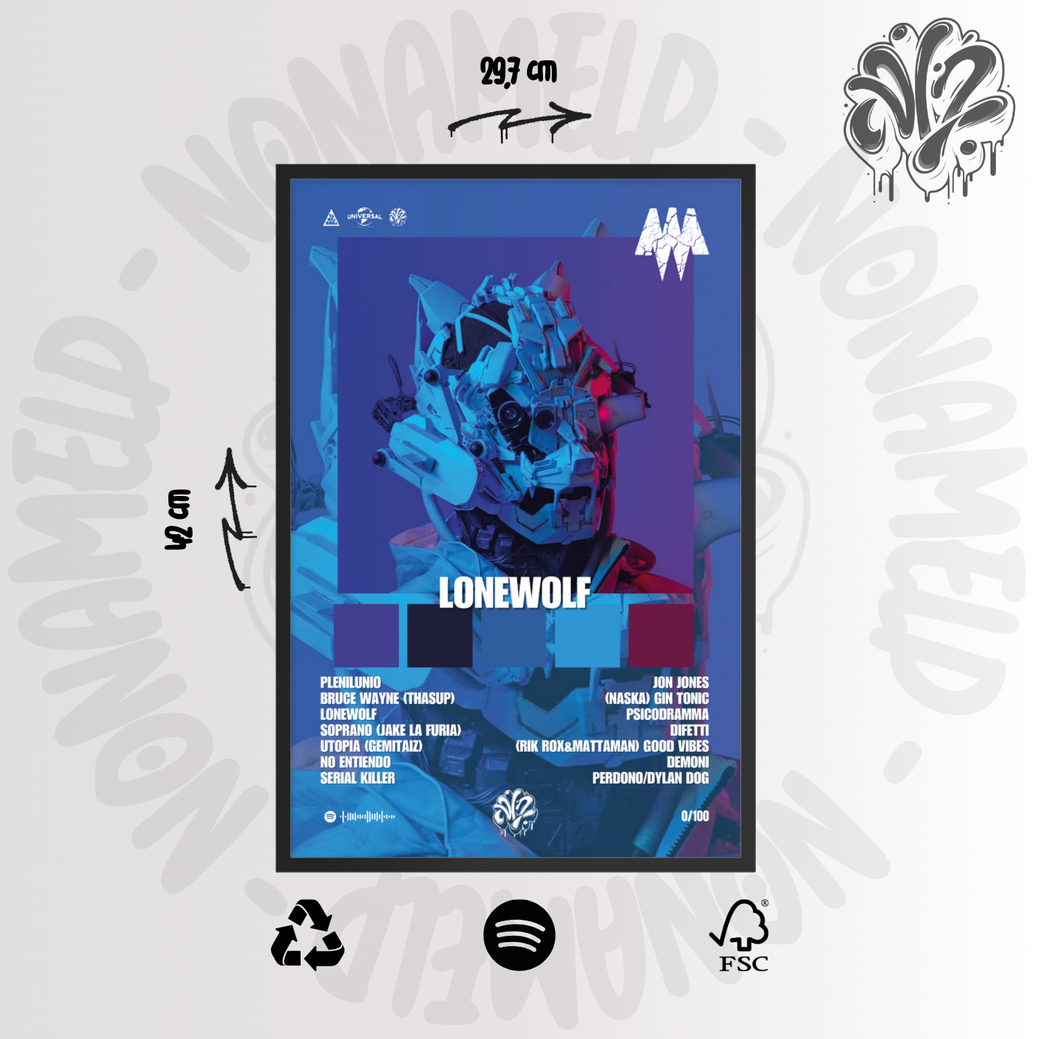 Lonewolf | MadMan| Poster in carta semilucida classica con cornice in legno A3 (29.7 x 42  cm)
