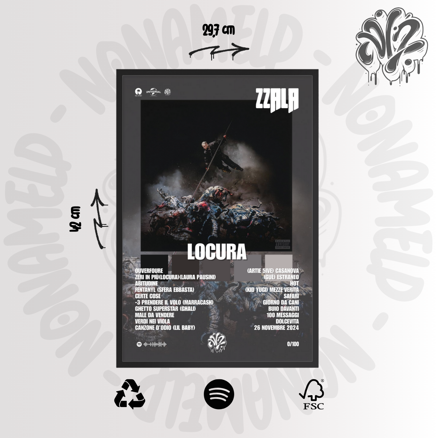 Locura | Lazza | Poster in carta semilucida classica con cornice in legno A3 (29.7 x 42  cm)