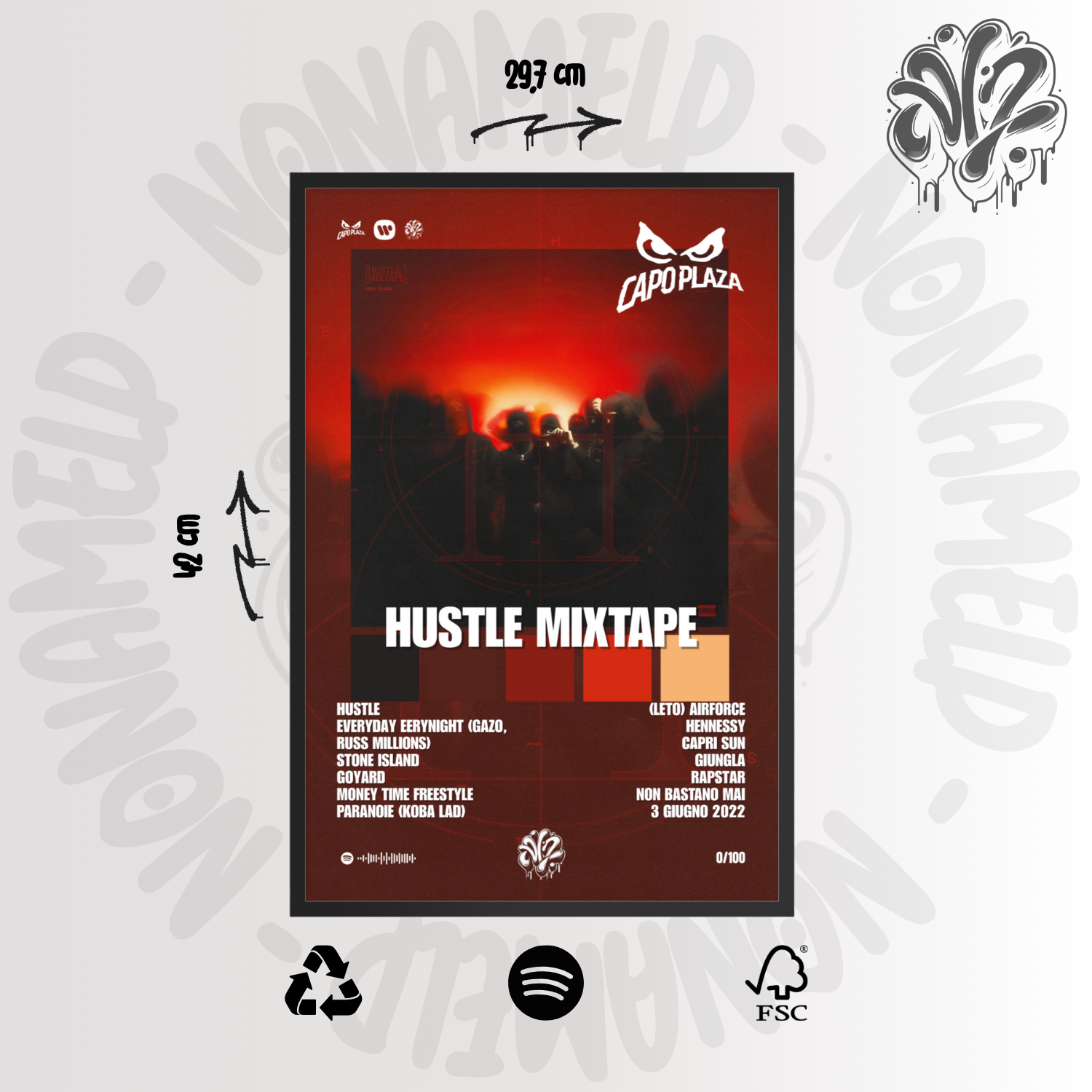 Hustle Mixtape | Capo Plaza | Poster in carta semilucida classica con cornice in legno A3 (29.7 x 42  cm)