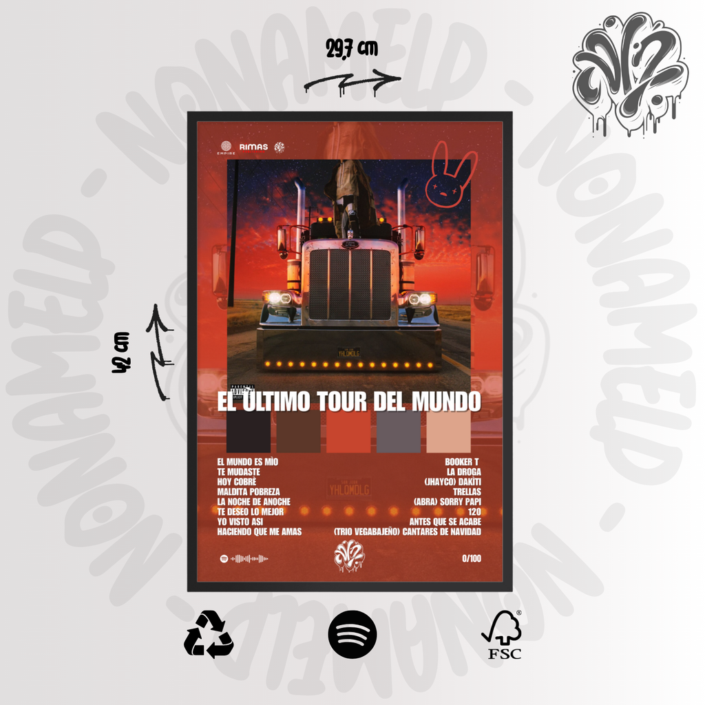 El ùltimo tour del mundo | Bad Bunny | Poster in carta semilucida classica con cornice in legno A3 (29.7 x 42  cm)