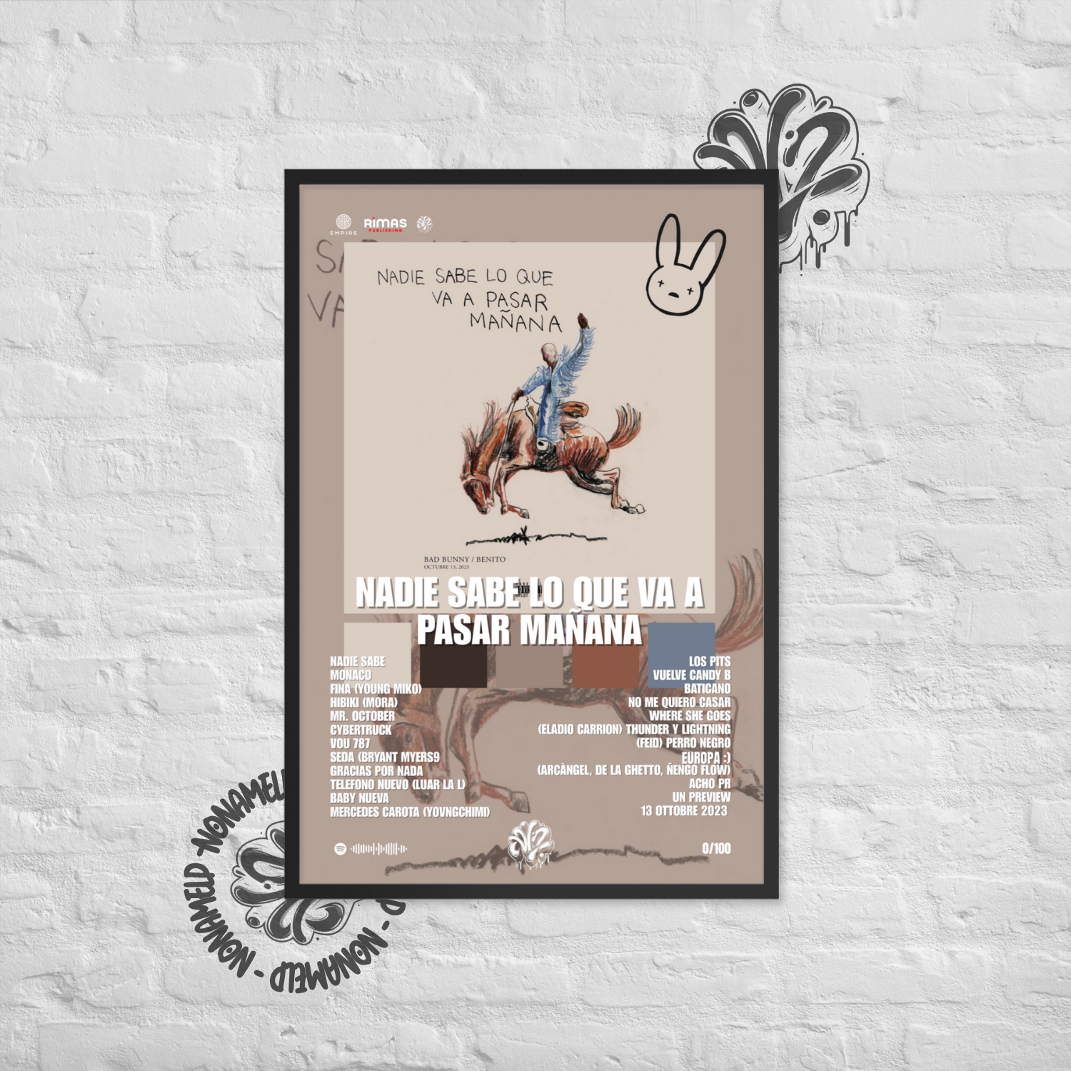 Nadie sabe lo que va a pasar mañana | Bad Bunny | Poster in carta semilucida classica con cornice in legno A3 (29.7 x 42  cm)