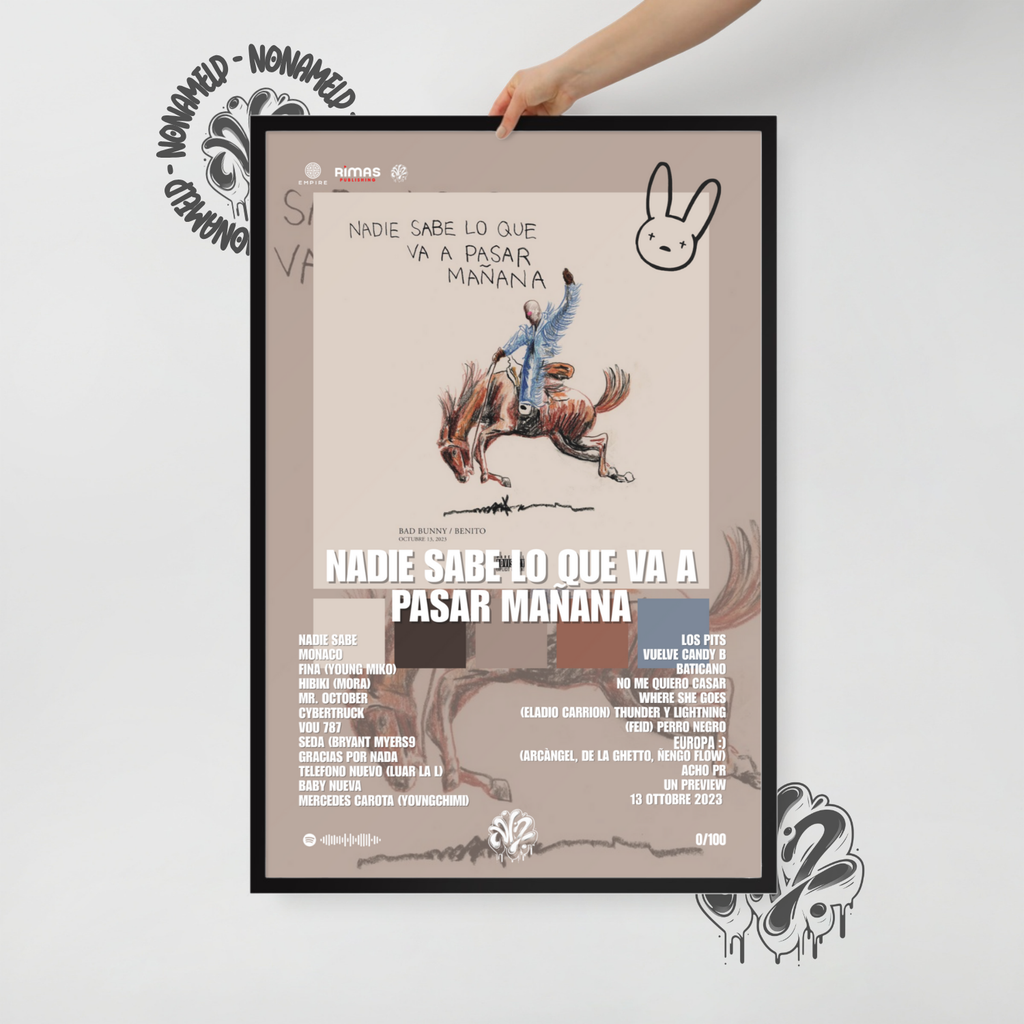 Nadie sabe lo que va a pasar mañana | Bad Bunny | Poster in carta semilucida classica con cornice in legno A3 (29.7 x 42  cm)