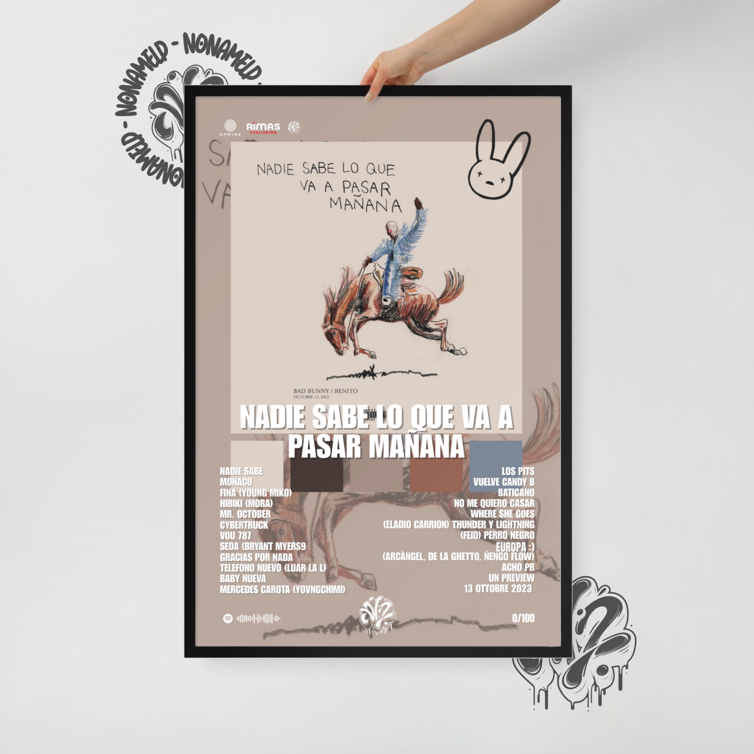 Nadie sabe lo que va a pasar mañana | Bad Bunny | Poster in carta semilucida classica con cornice in legno A3 (29.7 x 42  cm)