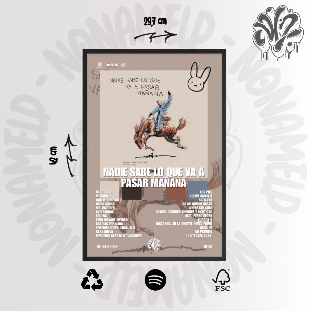 Nadie sabe lo que va a pasar mañana | Bad Bunny | Poster in carta semilucida classica con cornice in legno A3 (29.7 x 42  cm)