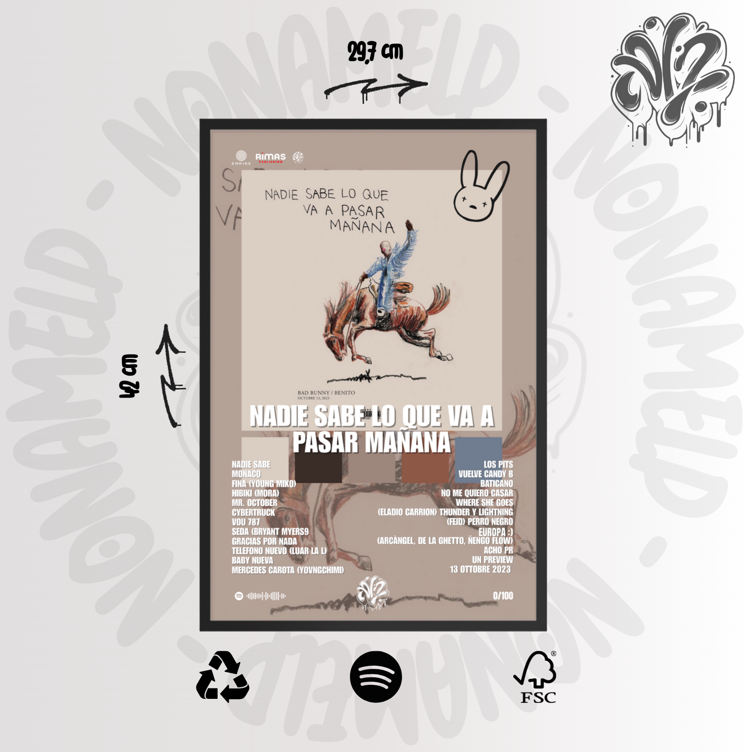 Nadie sabe lo que va a pasar mañana | Bad Bunny | Poster in carta semilucida classica con cornice in legno A3 (29.7 x 42  cm)