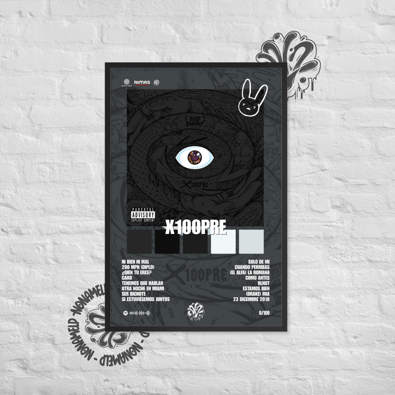 X100PRE | Bad Bunny | Poster in carta semilucida classica con cornice in legno A3 (29.7 x 42  cm)