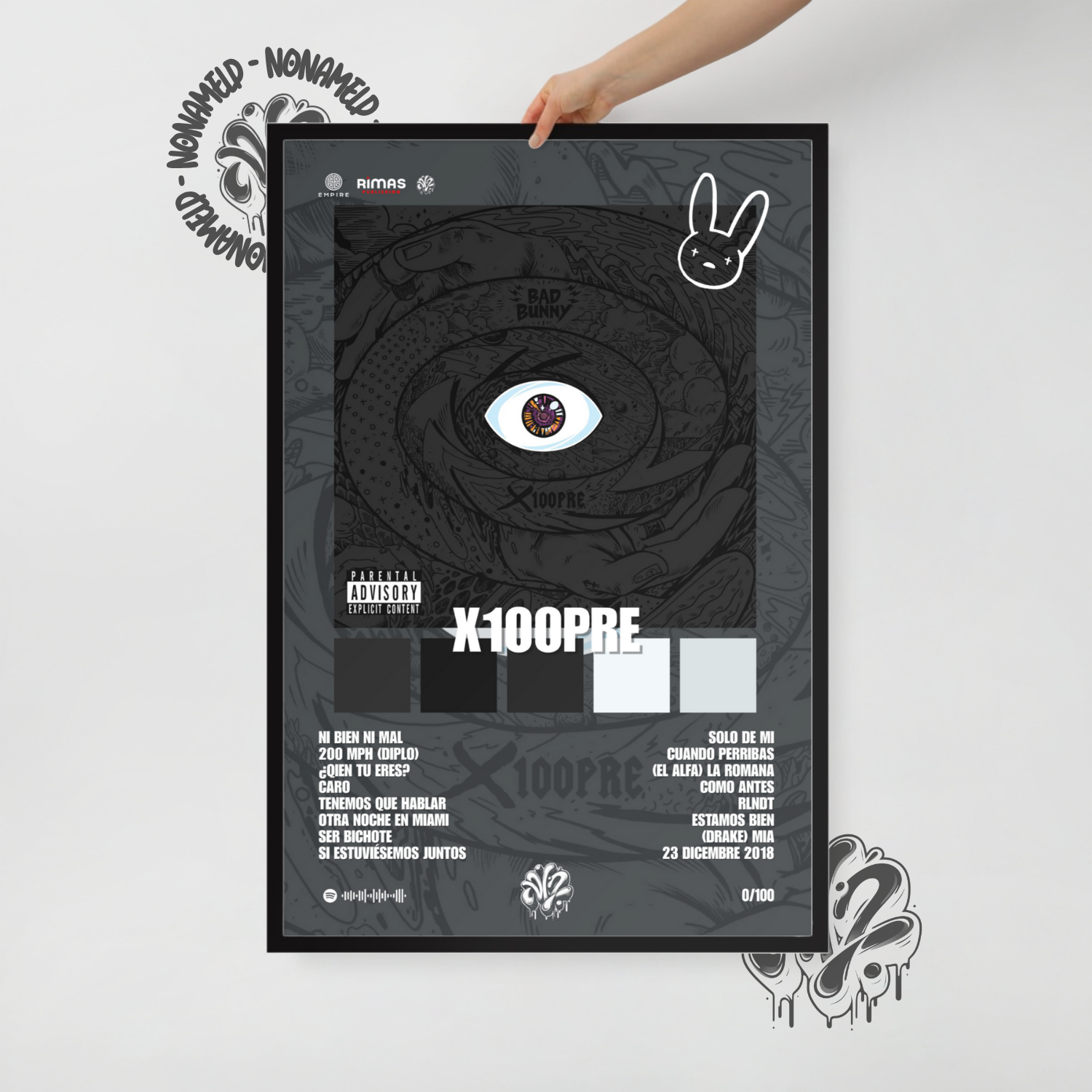 X100PRE | Bad Bunny | Poster in carta semilucida classica con cornice in legno A3 (29.7 x 42  cm)