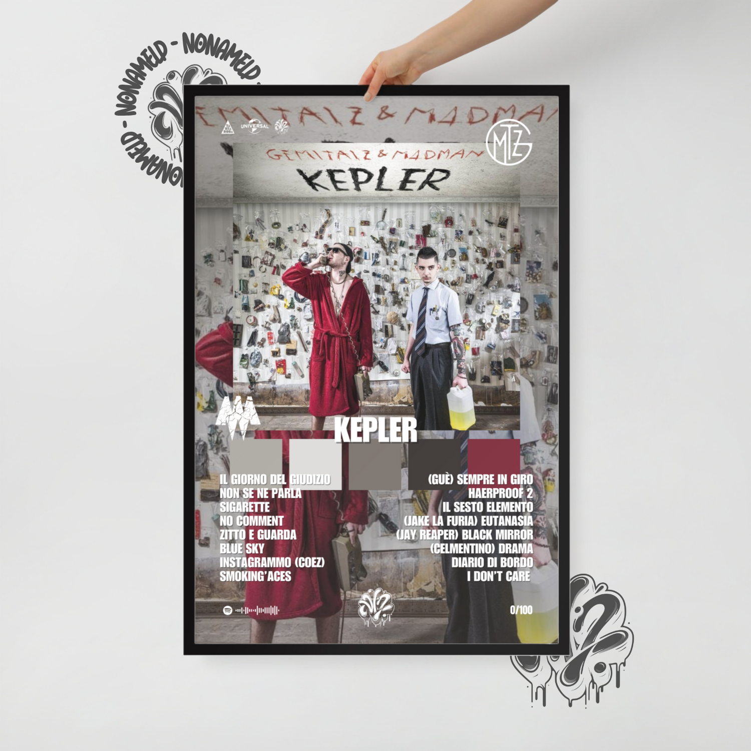 Kepler | Gemitaiz & Madman | Poster in carta semilucida classica con cornice in legno A3 (29.7 x 42  cm)