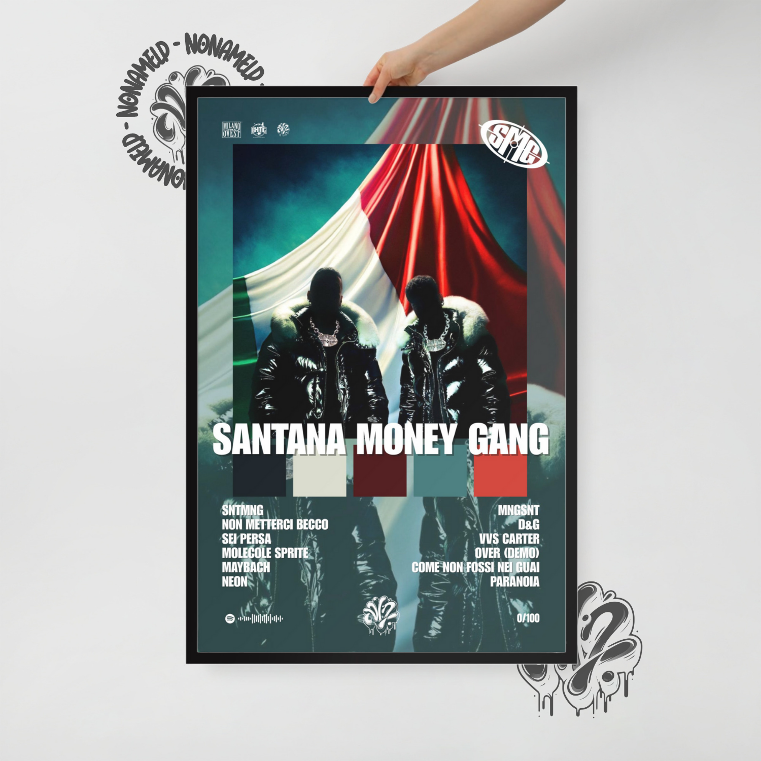 Santana Money Gang (SMG) | Sferaebbasta & Shiva | Poster in carta semilucida classica con cornice in legno A3 (29.7 x 42  cm)