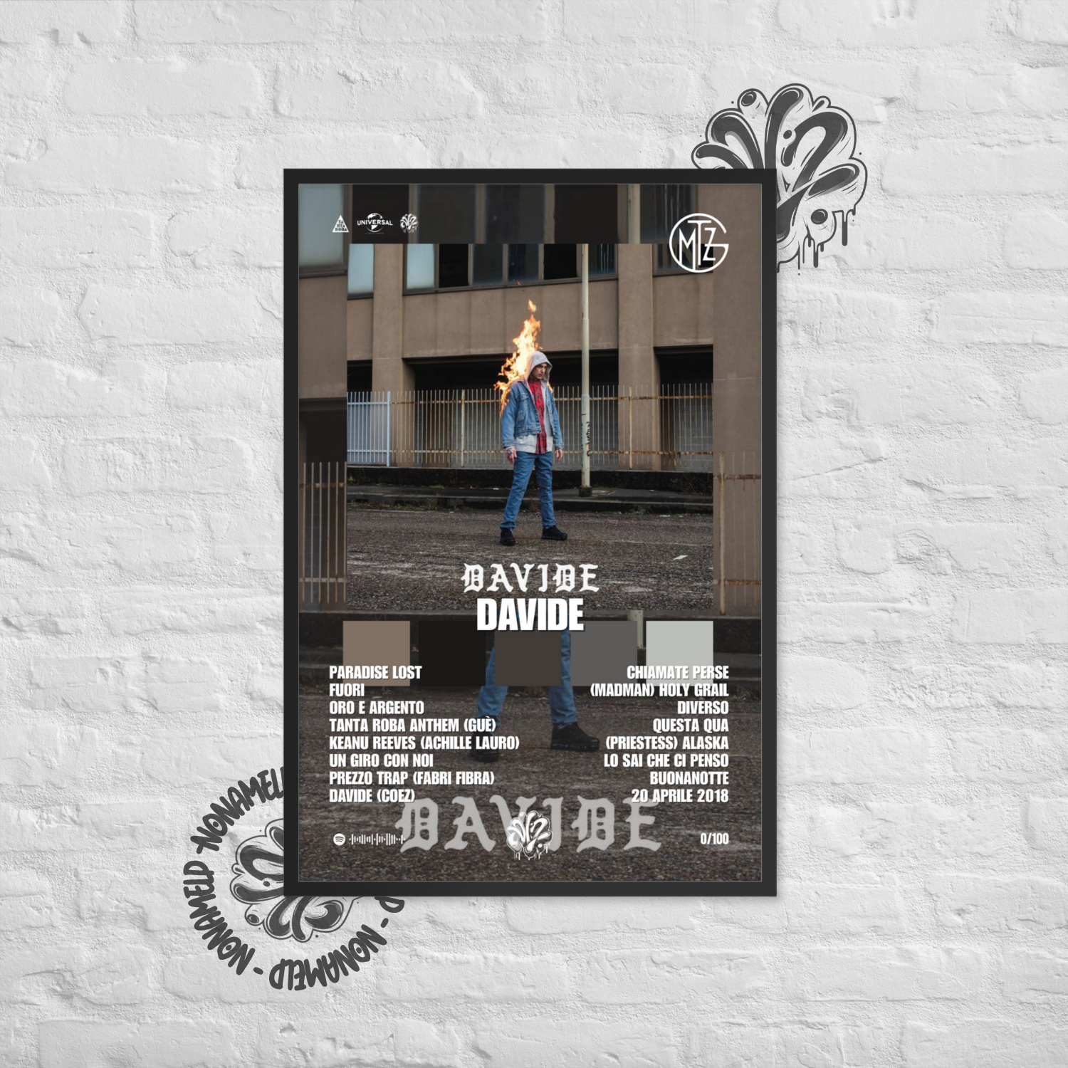 Davide | Gemitaiz | Poster in carta semilucida classica con cornice in legno A3 (29.7 x 42  cm)
