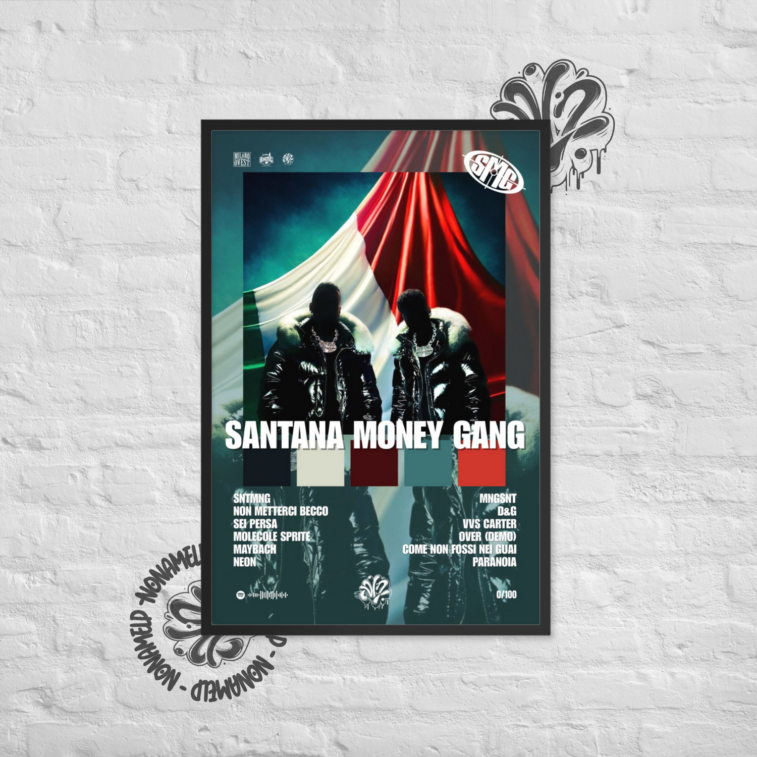 Santana Money Gang (SMG) | Sferaebbasta & Shiva | Poster in carta semilucida classica con cornice in legno A3 (29.7 x 42  cm)