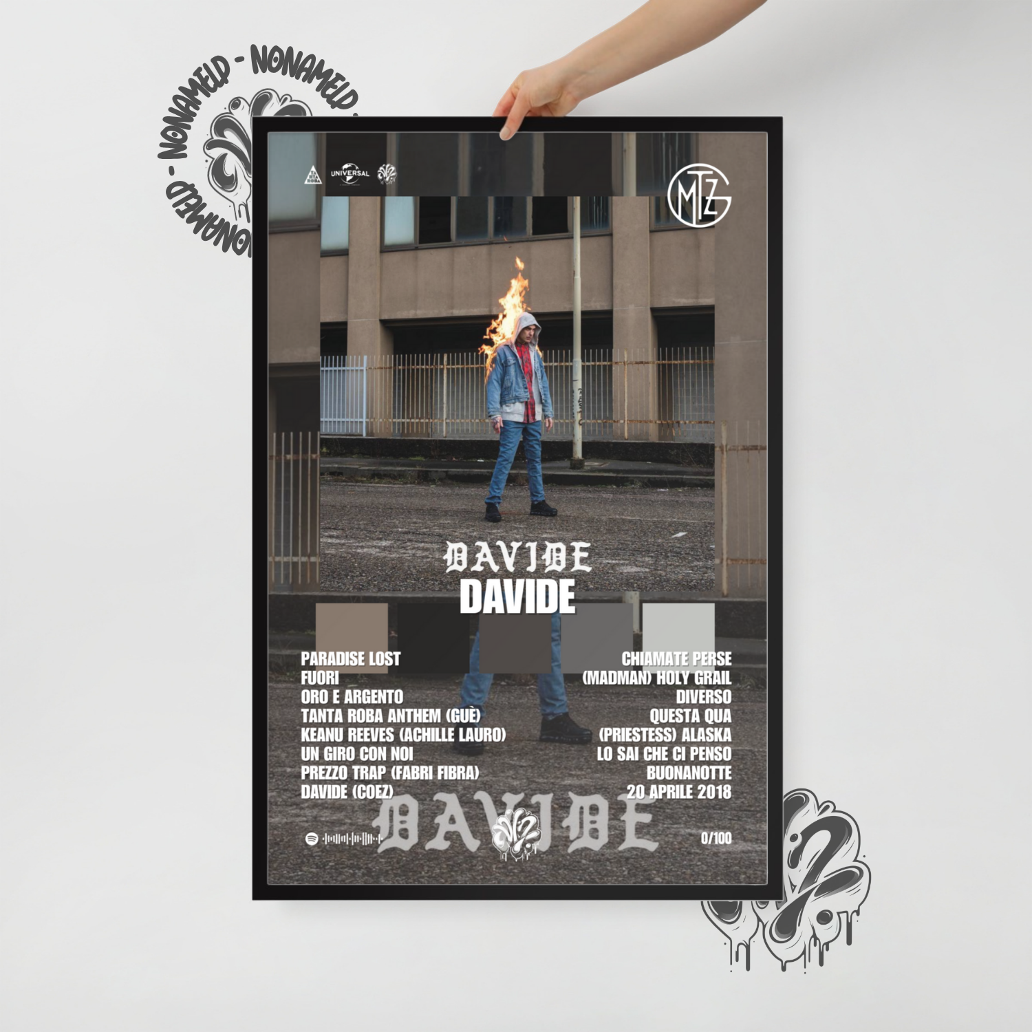 Davide | Gemitaiz | Poster in carta semilucida classica con cornice in legno A3 (29.7 x 42  cm)