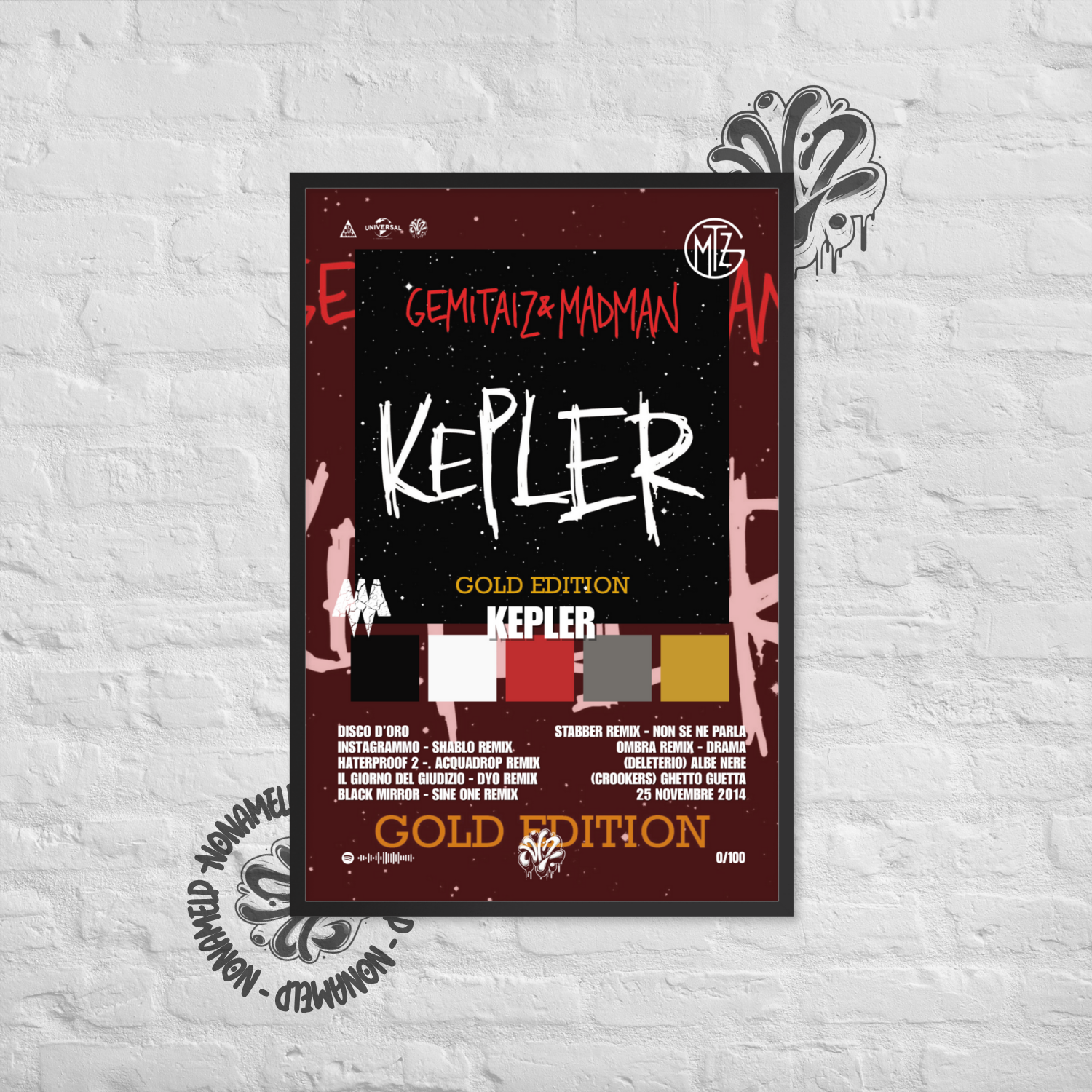 Kepler Gold | Gemitaiz & Madman | Poster in carta semilucida classica con cornice in legno A3 (29.7 x 42  cm)