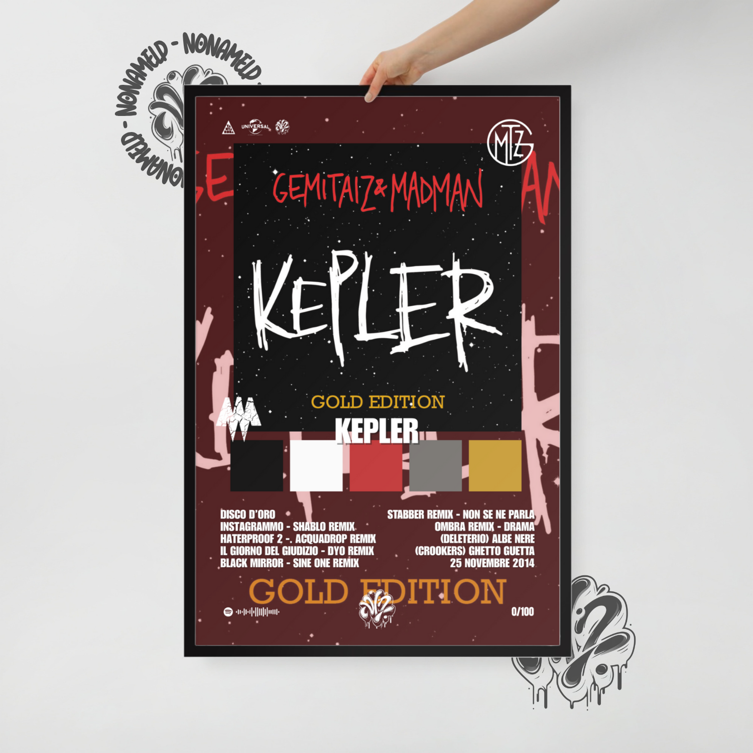 Kepler Gold | Gemitaiz & Madman | Poster in carta semilucida classica con cornice in legno A3 (29.7 x 42  cm)