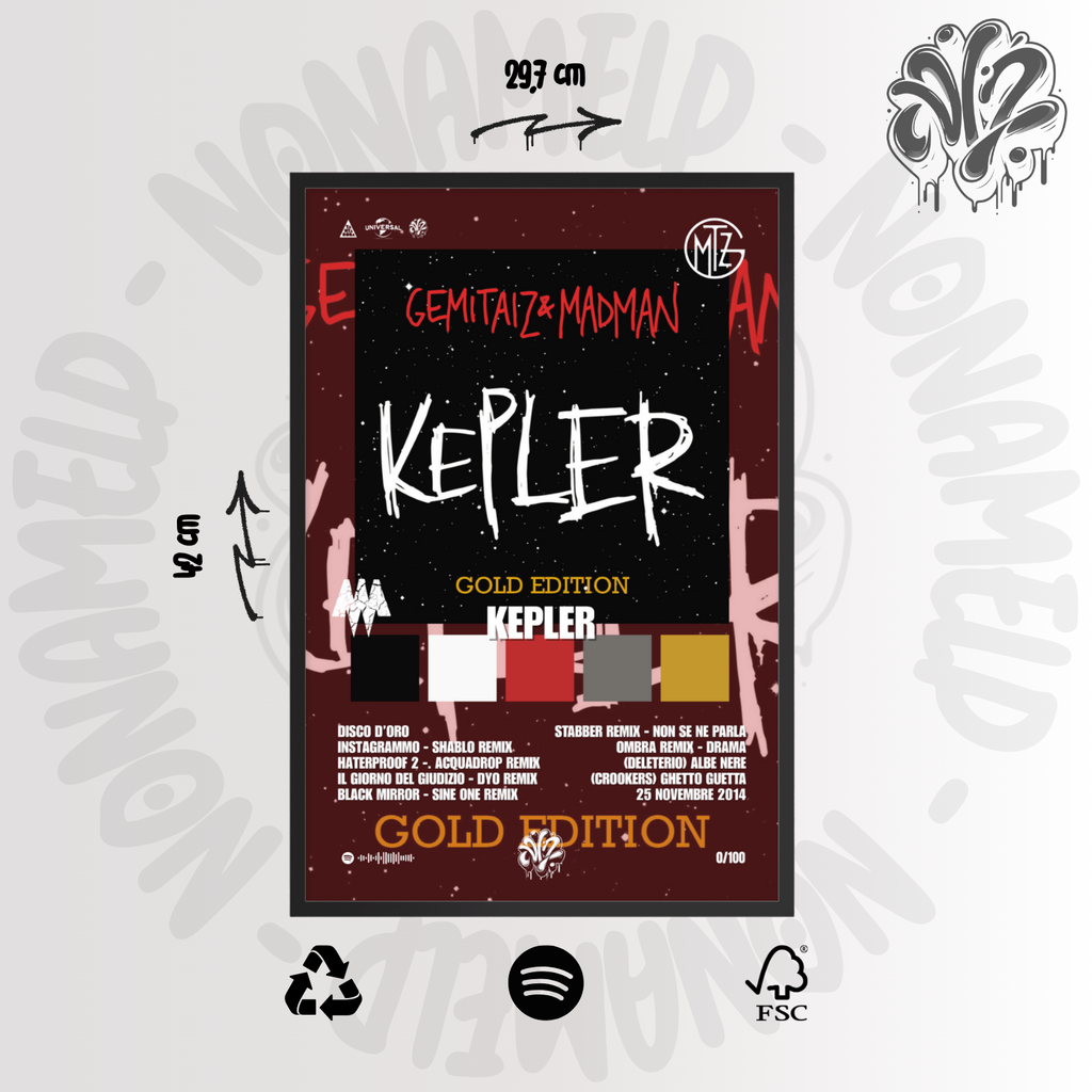 Kepler Gold | Gemitaiz & Madman | Poster in carta semilucida classica con cornice in legno A3 (29.7 x 42  cm)