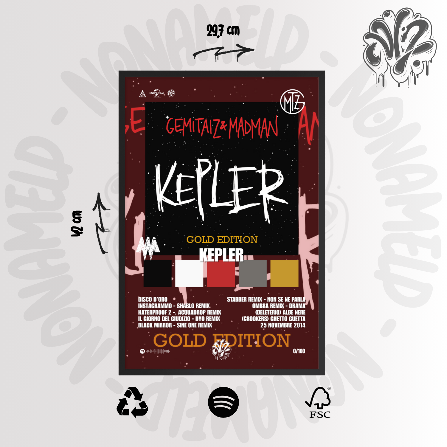 Kepler Gold | Gemitaiz & Madman | Poster in carta semilucida classica con cornice in legno A3 (29.7 x 42  cm)